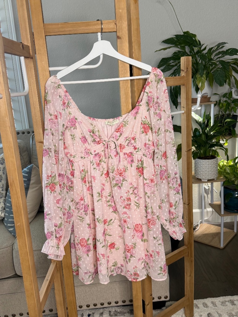 THIRTY THIRTY Pink Floral Swiss Dot Babydoll Blouse | Large